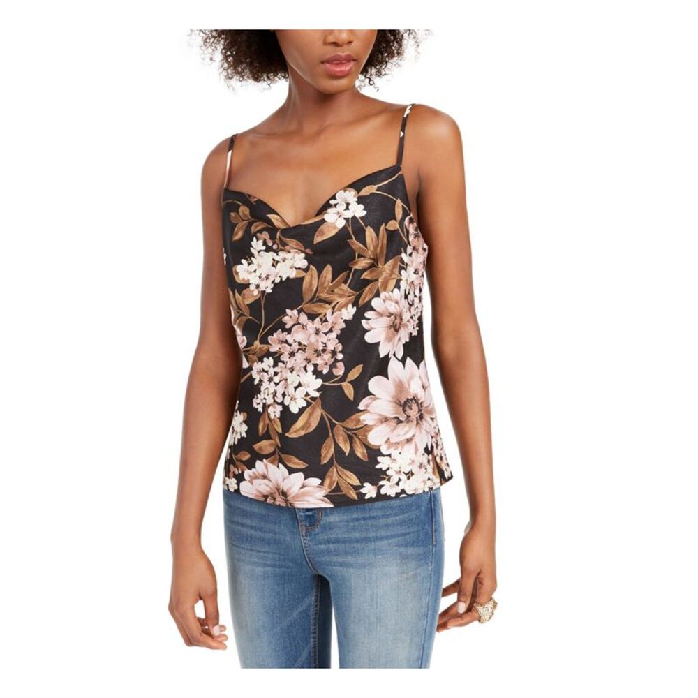 LEYDEN Womens Black Floral Spaghetti Strap Cowl Neck Tank Top XS
